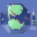 Kids automatic folding umbrella in navy blue featuring a green dinosaur cartoon print - Anti-rebound Automatic - Green Dinosaur [Reflective Strip]