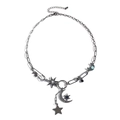 Collier pièces étoile et lune en métal gris foncé avec strass et pierre turquoise - Collier Étoile Lune Noir Fusil / Noir Fusil