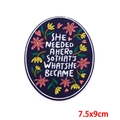 Floral embroidery patch with empowering quote She Needed a Hero on navy twill fabric - Blue Floral Slogan (PE6722CT) / Hot Melt Adhesive