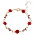 Vintage French gold bracelet featuring red roses and sparkling rhinestone leaves - Vintage Red Rose Bracelet (K-1043) / KC Gold (K-1043)