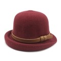 Burgundy knit bowler hat with leather belt and rolled brim for women sun protection - M(56-58cm) / Burgundy