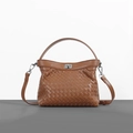 Brown woven leather handbag with metallic turn-lock and adjustable shoulder strap - Brown
