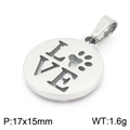 Colgante de acero plateado con texto LOVE y huella, tamaño 17x15mm, peso de 1,6g - Colgante Redondo LOVE Huella de Pata Color Acero (KP100674-Z)