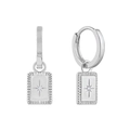Silver starburst earrings with rectangular pendant and central diamond on white background - White Gold