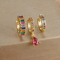Luxury 18k gold plated geometric drop earrings set with colorful zircon stones - Three-Piece Set / Gold-Multicolor Zirconia