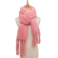 Soft pink mohair scarf with fringe trim draped elegantly on a display mannequin - Peach Pink