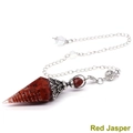 Cone-shaped Red Jasper gemstone dowsing pendulum with silver metal chain and filigree cap - Antique Silver Red Jasper