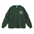 Dunkelgrünes Oversize Langarmshirt für Herren mit Print und Lagen-Look-Ärmeln - M / Waldgrün