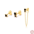 S925 sterling silver gold plated earrings set with black stones and asymmetric chain - Gold - Set of 3 Black Zircon
