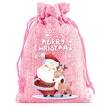 Close-up of pink linen Christmas drawstring bag featuring Santa and reindeer print - 9*12cm / Christmas 12-Pink Santa & Reindeer