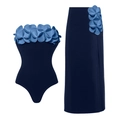 Women's chic navy blue tube top and maxi skirt set with light blue 3D flower petal details - S / Blue Bandeau Set