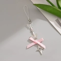 Detailed close-up of pink ribbon bow and silver star pendant phone charm strap - Pink Butterfly Bow Style (0214)