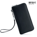 Black genuine leather long wallet with RFID protection and wrist strap for security - Black