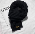 Classic black chunky knit houndstooth scarf with a stylish handmade leather tag - Solid Color-Black