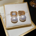 Champagne crystal and large white pearl teardrop earrings with elegant golden settings - Gold Champagne Rectangular Pearl Style (57#)