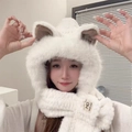 White plush faux fur cat ear hooded scarf combo for women's winter warmth and cozy style - White