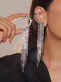 Elegant silver long tassel rhinestone drop earrings featuring multi-layer fringe design - Silver Ear Hook Rhinestone Tassel