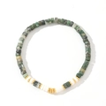 Mens beaded bracelet with green white flat stones and golden spacers on white background - Green and White Flat Round Bead Gold Spacer Bracelet (B-B24070406C)