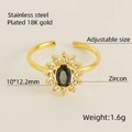 18K gold plated stainless steel adjustable ring with black zircon sunflower design - Sunflower Ring (617) - Black Zircon