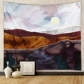 Artistic abstract mountain wall tapestry hanging in a modern living room scene - Deep Red and Gold Moon Night Mountains (GT428-20)