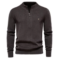 Close-up of men's dark grey knit cardigan showing fine ribbed texture and metal logo detail - S / Dark Gray
