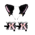 Detail of pink and black faux fur cat ears headband with matching lace wrist cuffs and bells - Black Pink Headband + Pair of Lace Wristbands