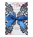 Navy blue glitter laser-cut wedding invitation with satin ribbon and floral insert card - Dark Blue