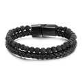 Men's double-layer braided leather bracelet with volcanic lava beads and tiger eye stones - 21cm / Matte Lava Stone