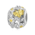 S925 sterling silver daisy flower charm bead with golden honeybee and cubic zirconia - Hollow Floral Bee Round Charm