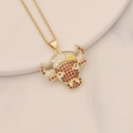 Detail of a golden bull head necklace pendant with red and white inlaid crystals - Red & White Rhinestone Micro Pave Style (13#)