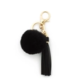 Fashion keychain with black fluffy pompom, matching leather tassel and golden metal hardware - Black