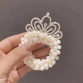 Elegant white pearl hair scrunchie with sparkling silver crown and blue crystal accents - Round Color Rhinestone Crown #1