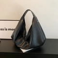 Minimalist large black faux leather hobo shoulder bag with zipper and wide strap - Black