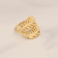 Macro shot of gold leaf-shaped hollowed metal ring on a white marble background - Leaf Hollow Style (6#)