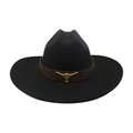 Chapeau de cowboy classique en laine noire avec bande marron et rivet tête de taureau dorée - Noir