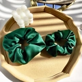 Green 100% mulberry silk scrunchies with cherry print in two sizes on beige tray - Dark Green 3.5cm