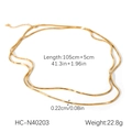 Detailed specs of the 18K gold-plated double-layer snake chain with dimensions and weight - Double Layer Snake Chain Long Gold (HC-N40203) / [product Attributes] A Gold Double-layered Snake Chain Necklace Showcasing Detailed [size] And [weight] Parameters. [visual Presentation] Professional Product Photography On A White Background; The Necklace Is Naturally Positioned With Good Lighting Effects. Image Quality Is [high] Clear And Sharp With Accurate Exposure. Aesthetic Appeal Is [high] With A Simple And Professional Composition And Strong Visual Attraction. [text Content] The Image Includes Product Parameter Text Entirely In English: [length: 105cm + 5cm] [41.3in + 1.96in] [0.22cm/0.08in] [hc-n40203] [weight: 22.8g]. No Logo Watermark Or Certification Mark. [review Conclusion] Decision: [approved] Because The Product Image Is Clear And The Product Parameter Description Is Entirely In English It Can Be Directly Used On Cross-border E-commerce Platforms. [logistics Labels] None. [infringement Risk] None. 【product Specifications】length: 105cm + 5cm (41.3in + 1.96in) Width/thickness: 0.22cm/0.08in Weight: 22.8g Model: Hc-n40203.