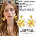 Handmade yellow woven flower drop earrings with golden metal edges for beach vacation - Woven Sunflower Style (HE25316) / 925 Silver Needle