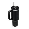 Close-up of the matte black 40oz stainless steel travel mug with handle and clear straw - Second Generation 40oz Black / 40oz