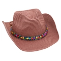 Detail of hand-woven straw cowboy hat with colorful beads and textured bohemian band - Dusty Pink