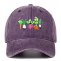 Detailed close-up of colorful plant embroidery on a vintage washed purple baseball cap - Purple