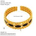 Gold plated stainless steel ring with black enamel details in a three-row beaded design - Triple Row Beaded Oval Black Enamel Style (SR703G)