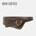 Women wide leather waist belt in dark coffee brown with chic triangle gold buckle - Dark Coffee