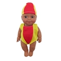 Black vinyl baby doll in red and yellow jumpsuit with matching hat on white background - 18CM Boy Doll Style 3