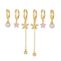 Pink flower and pearl zircon earring set in gold finish with long bead tassels - TZ00191 Gold - Pearl Flower Tassel 3-Pair Set