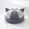 Detailed view of baby mesh brimless hat with cute cat ears and GOOD lucky embroidery - 50cm (1-3 Years) / Blue