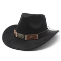 Detailansicht vom schwarzen Westernhut mit Lederband und Metall-Stierkopf-Emblem - M (56-59cm) / Schwarz