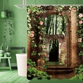 Detalle de cortina de ducha paisaje 3D con violonchelo y arco de piedra en baño verde - 90*180cm / Verde Esmeralda