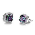 Macro shot of silver stud earrings with square rainbow topaz stones and halo diamond setting - Colorful