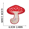 Detailed close-up of a red mushroom embroidered patch with specific size measurements - Letter J